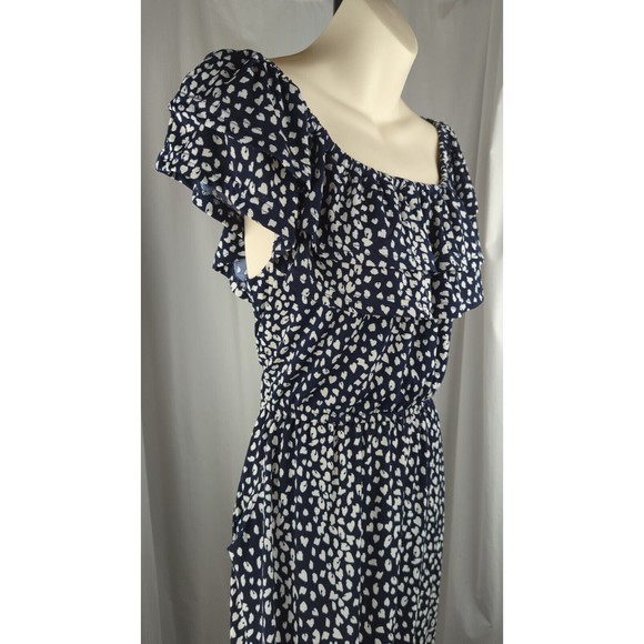 Silkfred Jolie Moi Navy Blue Animal Print Dress Off Shoulder Ruffle Tiered 8 12 - Picture 8 of 15